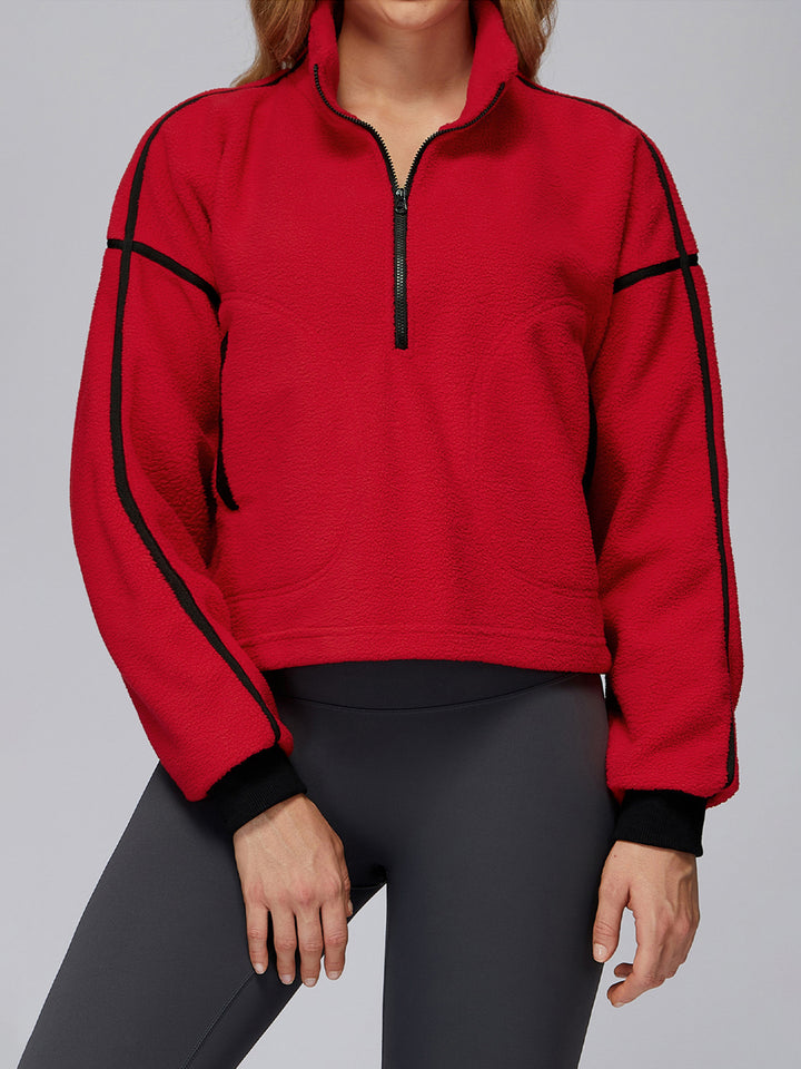 Drawstring Hem Contrast-Line Fleece Jacket