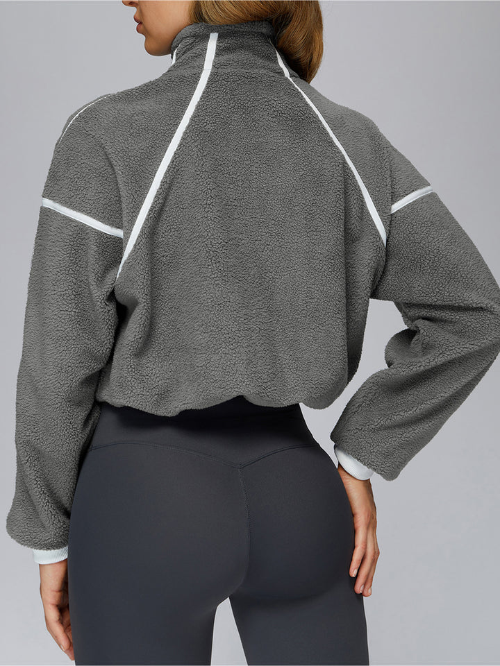 Drawstring Hem Contrast-Line Fleece Jacket