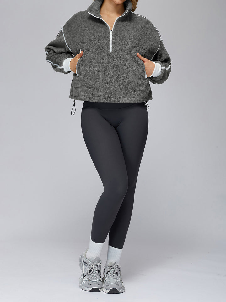 Drawstring Hem Contrast-Line Fleece Jacket