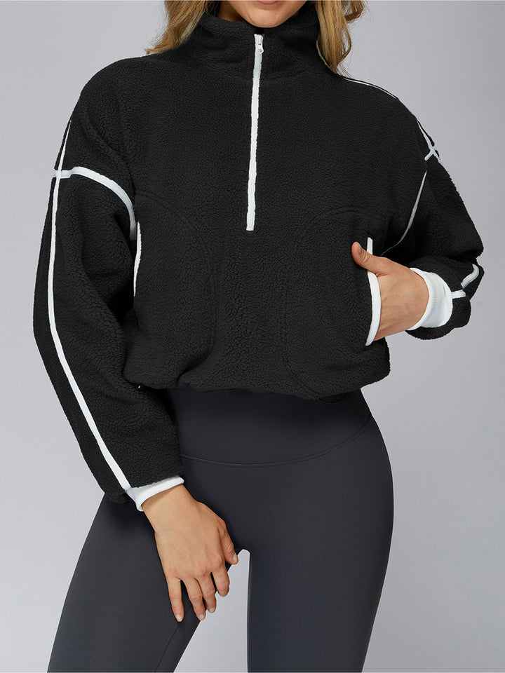 Drawstring Hem Contrast-Line Fleece Jacket