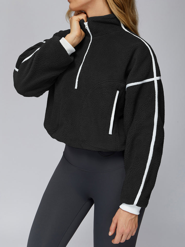 Drawstring Hem Contrast-Line Fleece Jacket