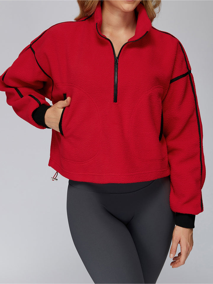 Drawstring Hem Contrast-Line Fleece Jacket