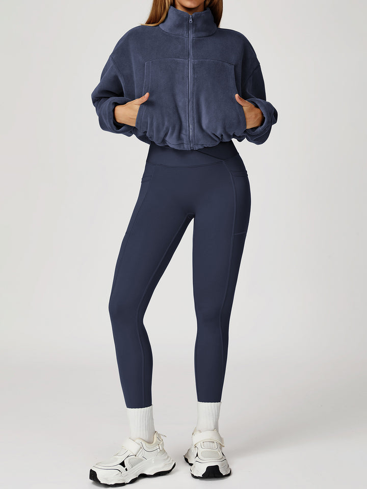 High Collar Fleece Drawstring Jacket