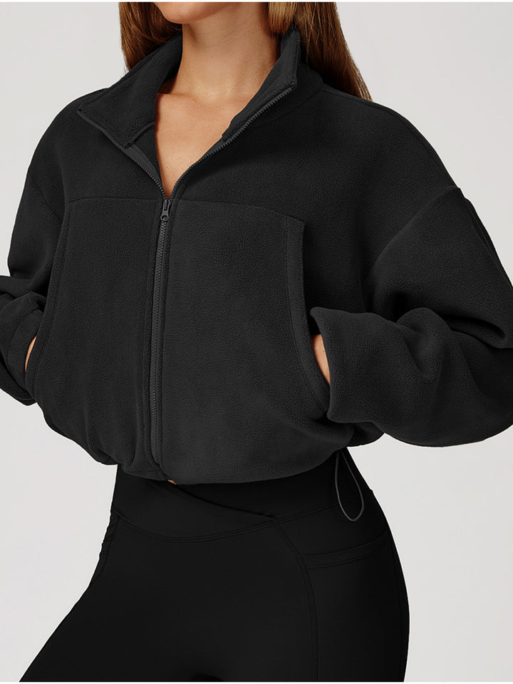 High Collar Fleece Drawstring Jacket