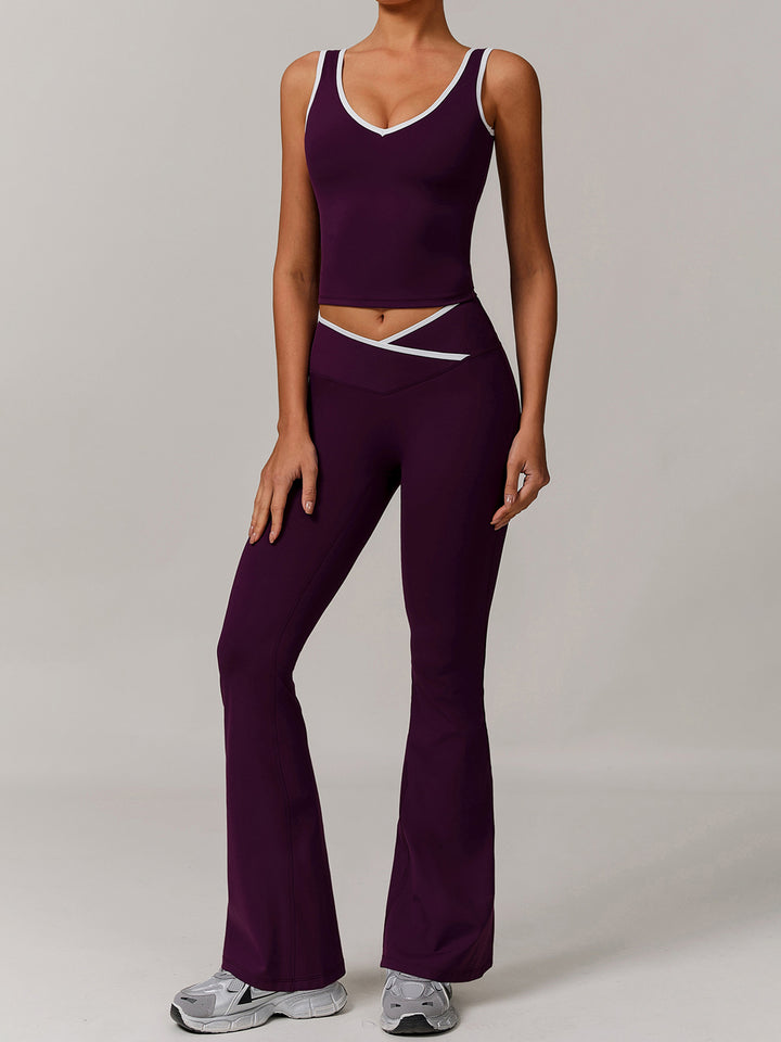 V-Neck Active Top with Contrast Trim & Hollow Back
