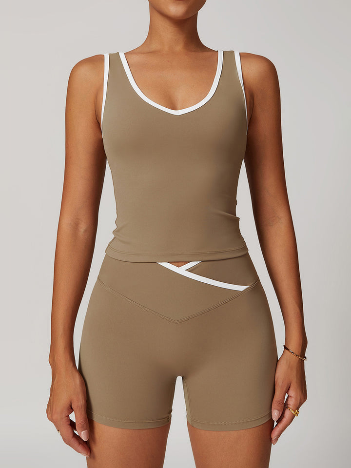 V-Neck Active Top with Contrast Trim & Hollow Back