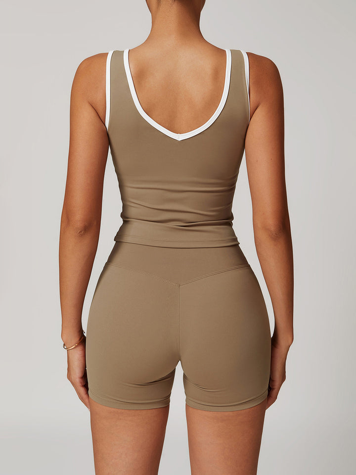 V-Neck Active Top with Contrast Trim & Hollow Back