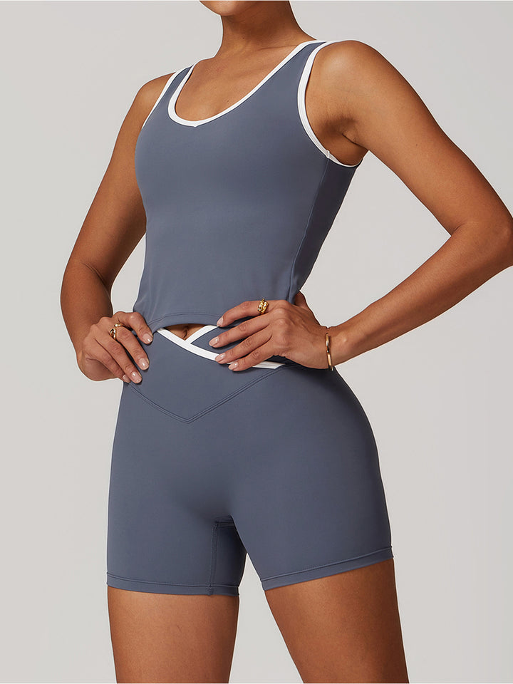 V-Neck Active Top with Contrast Trim & Hollow Back