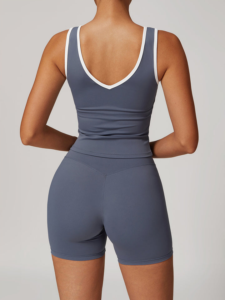 V-Neck Active Top with Contrast Trim & Hollow Back