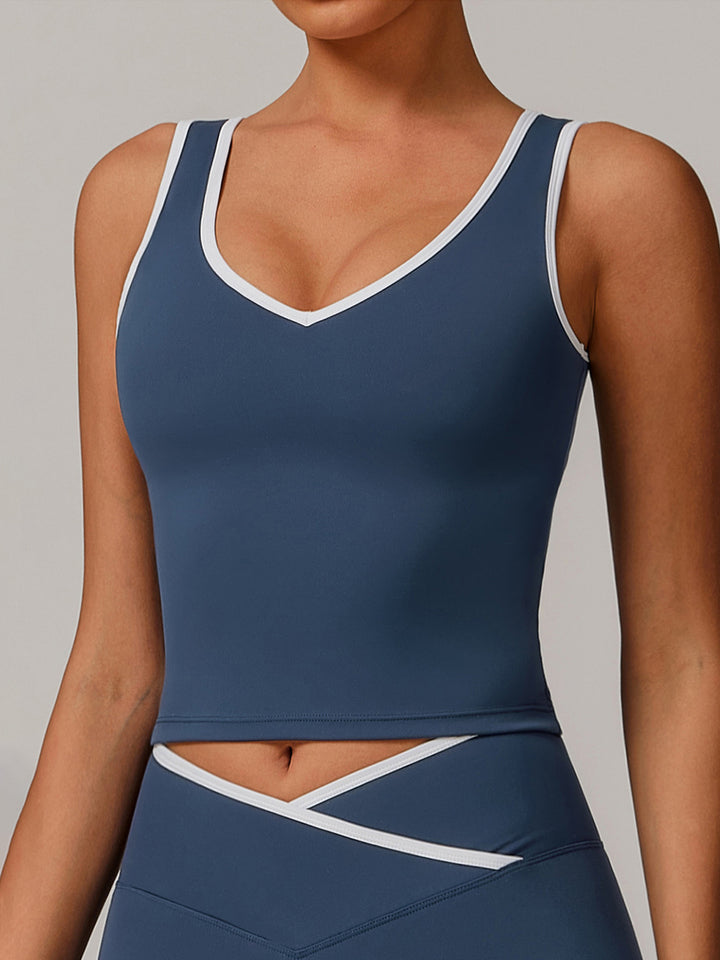 V-Neck Active Top with Contrast Trim & Hollow Back