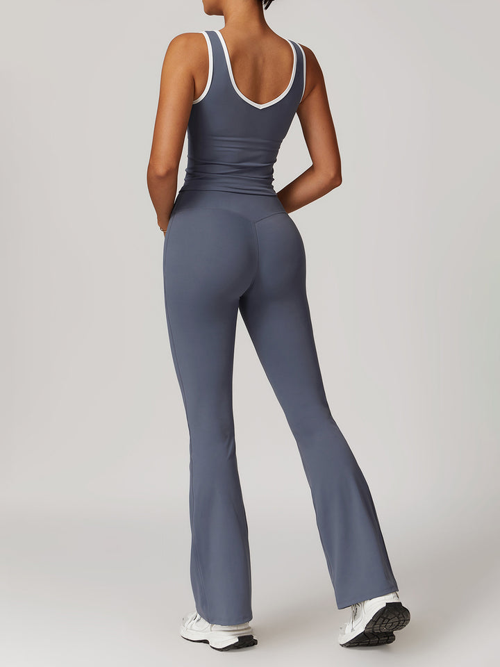 V-Neck Active Top with Contrast Trim & Hollow Back