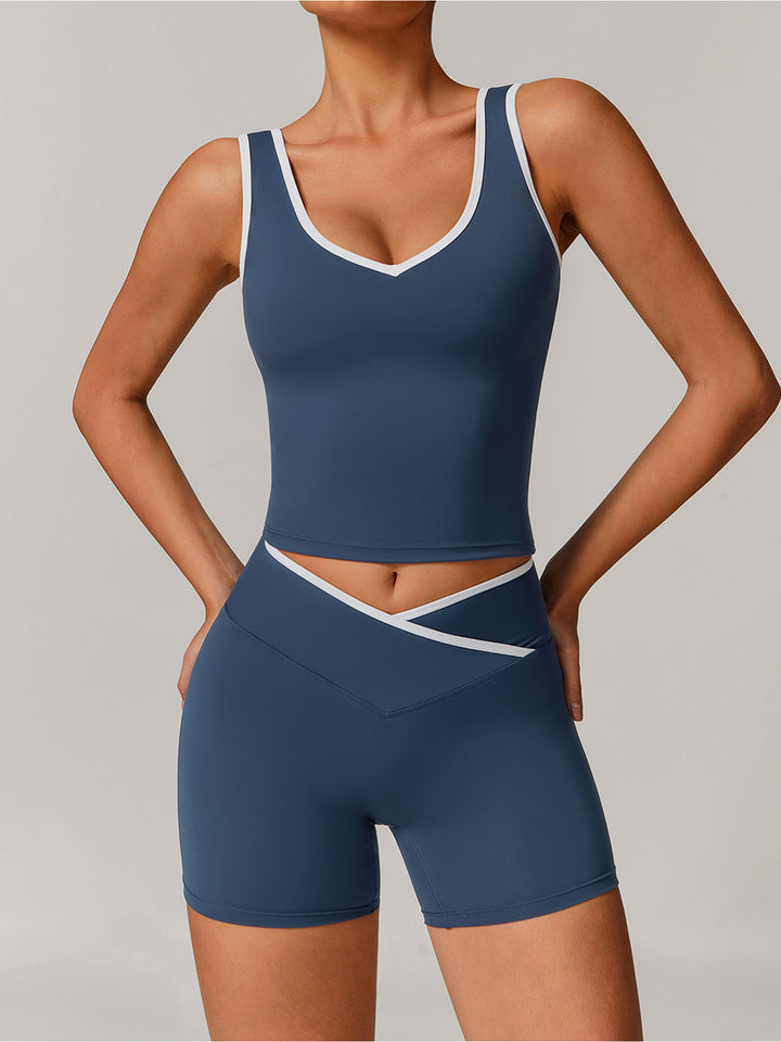 V-Neck Active Top with Contrast Trim & Hollow Back