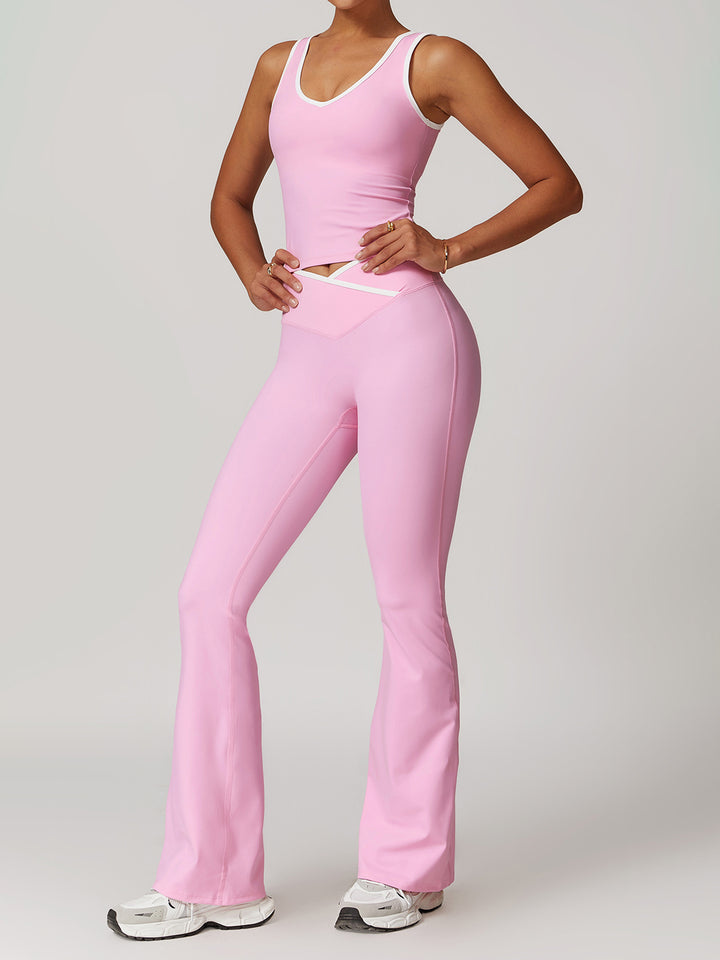 V-Neck Active Top with Contrast Trim & Hollow Back