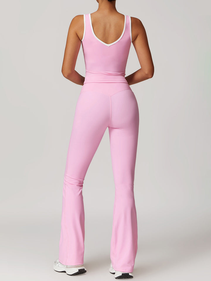 V-Neck Active Top with Contrast Trim & Hollow Back