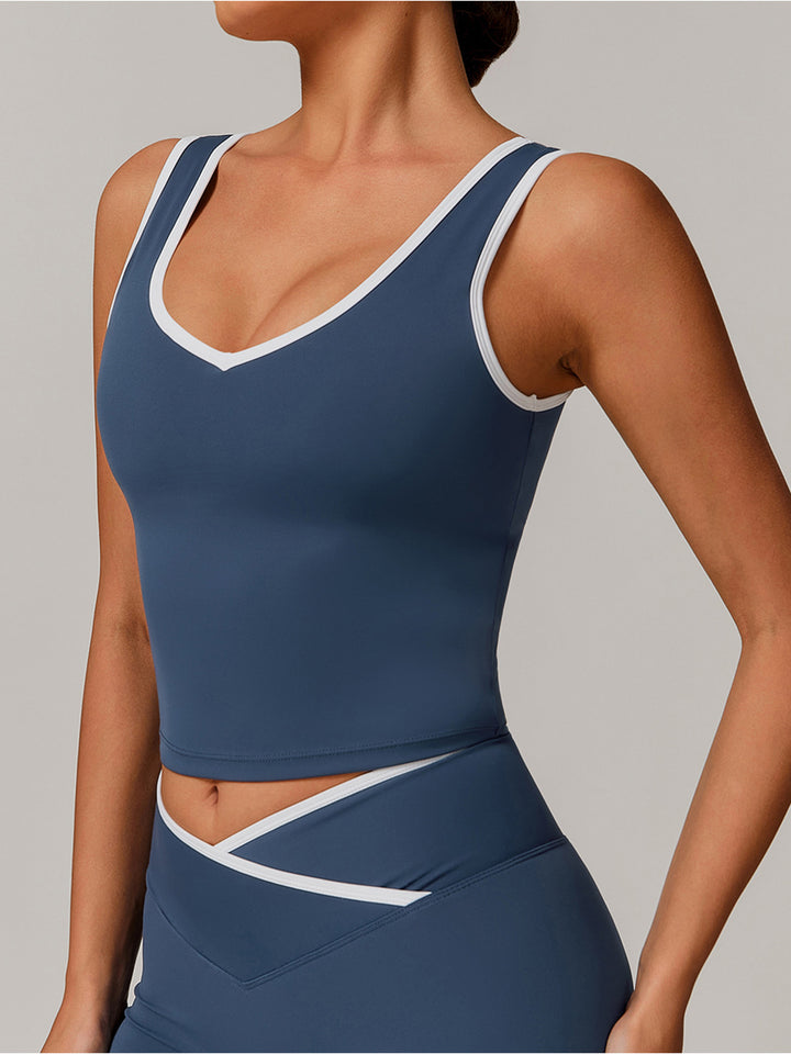 V-Neck Active Top with Contrast Trim & Hollow Back