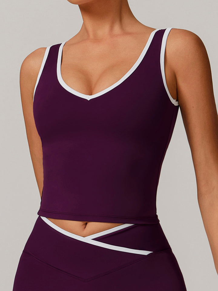 V-Neck Active Top with Contrast Trim & Hollow Back