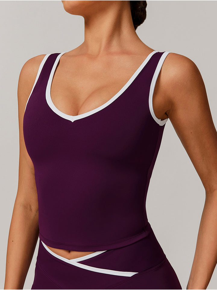 V-Neck Active Top with Contrast Trim & Hollow Back