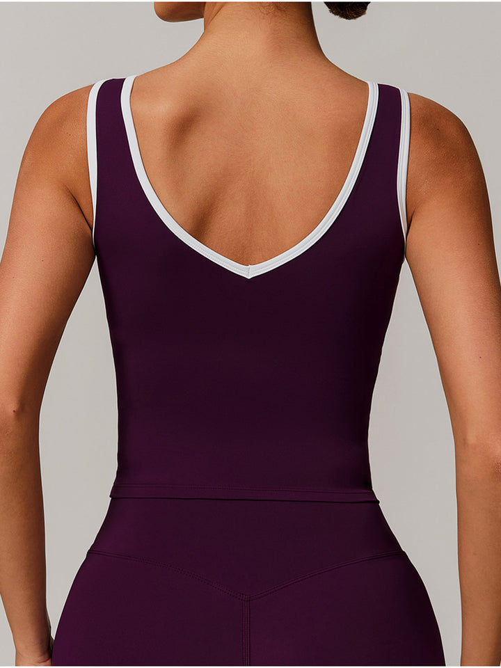 V-Neck Active Top with Contrast Trim & Hollow Back